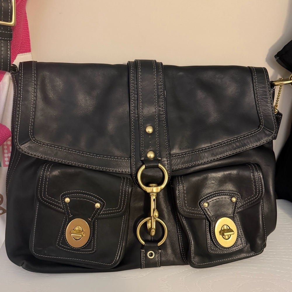Coach Black Leather Satchel with Gold Accents